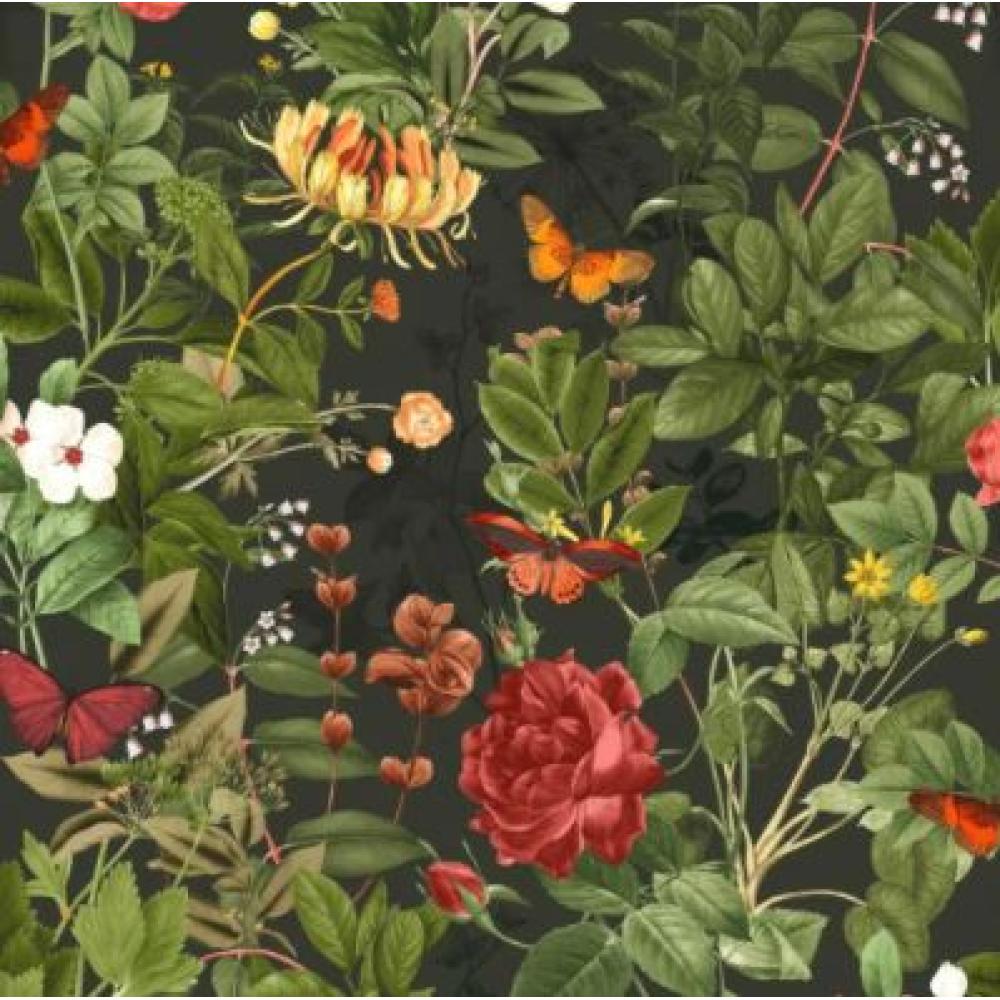vlies tapeta klasszikus botanikus sotet vintage elegans virag pillango rozsa mezei virag lepke sotetgrafit piros narancs sarga krem lombzold.jpg